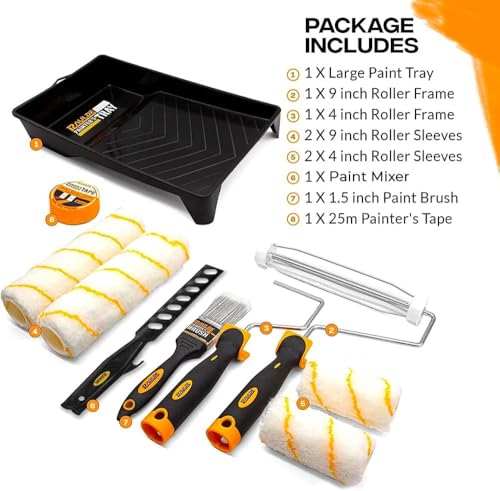 Paint Roller Set - Paint Rollers and Trays Sets - Paint Brush, Masking Tape for Painting, Paint Mixer - Roller Sets for Painting Walls, Edges & Ceilings - Bundle of 2 (10Pcs, 7Pcs & 21Pcs)