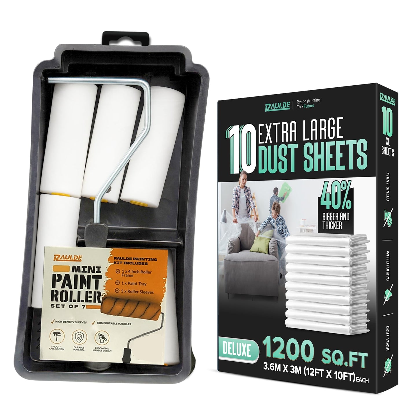 7 Pcs Paint Roller Set with 6X Large Plastic Dust Sheets – Complete Painting Kit with Rollers, Brushes, Trays, Masking Tape & Plastic Sheets for Walls, Ceilings & Furniture Protection