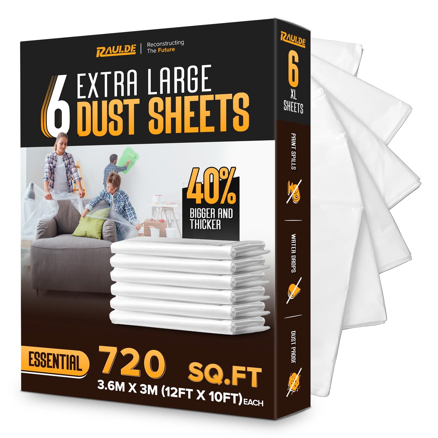 RAULDE Large Plastic Dust Sheets for Decorating & Painting- 3.6m x 3m (12ft x 10ft) - Polythene Sheeting for Furniture & Floor Protection - Waterproof & Tear Resistant Drop Cloth ( Pack of 3,6,10 &20)
