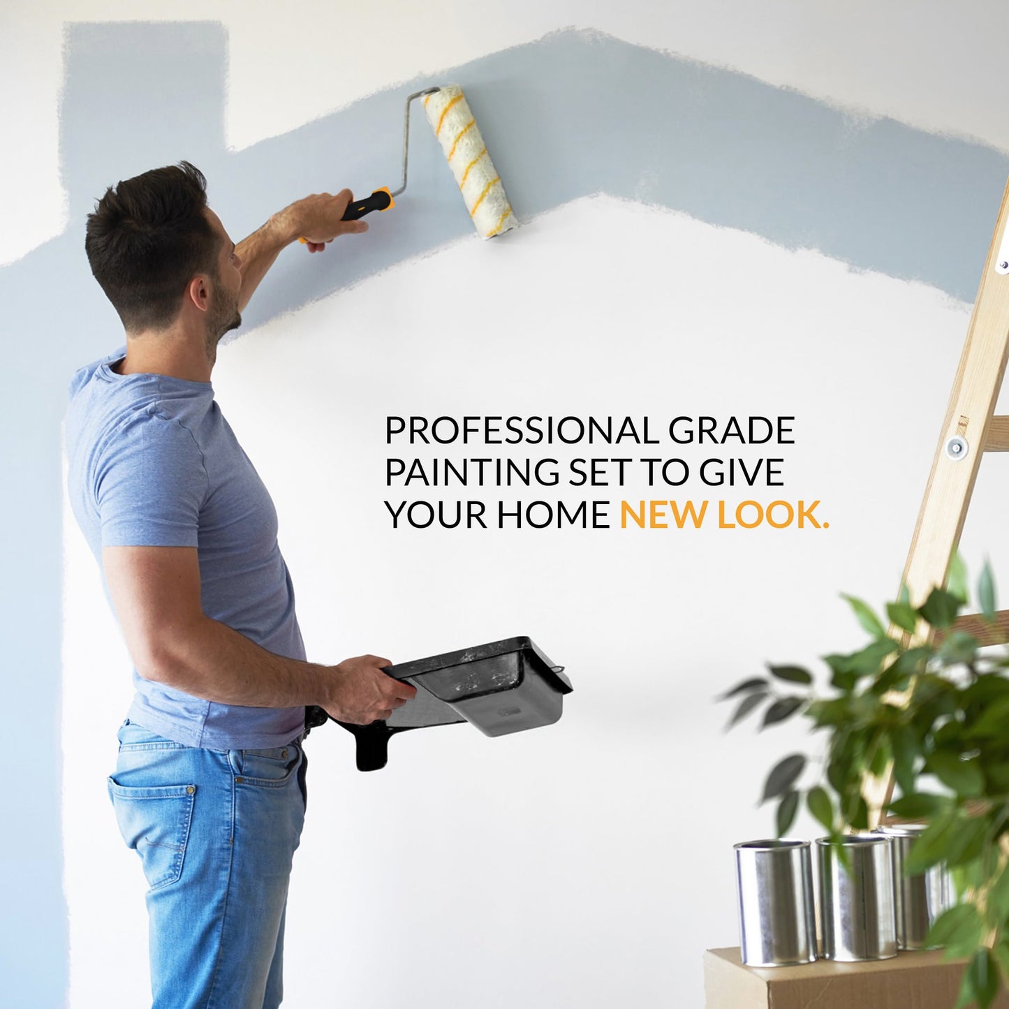 7 Pcs Paint Roller Set with 6X Large Plastic Dust Sheets – Complete Painting Kit with Rollers, Brushes, Trays, Masking Tape & Plastic Sheets for Walls, Ceilings & Furniture Protection