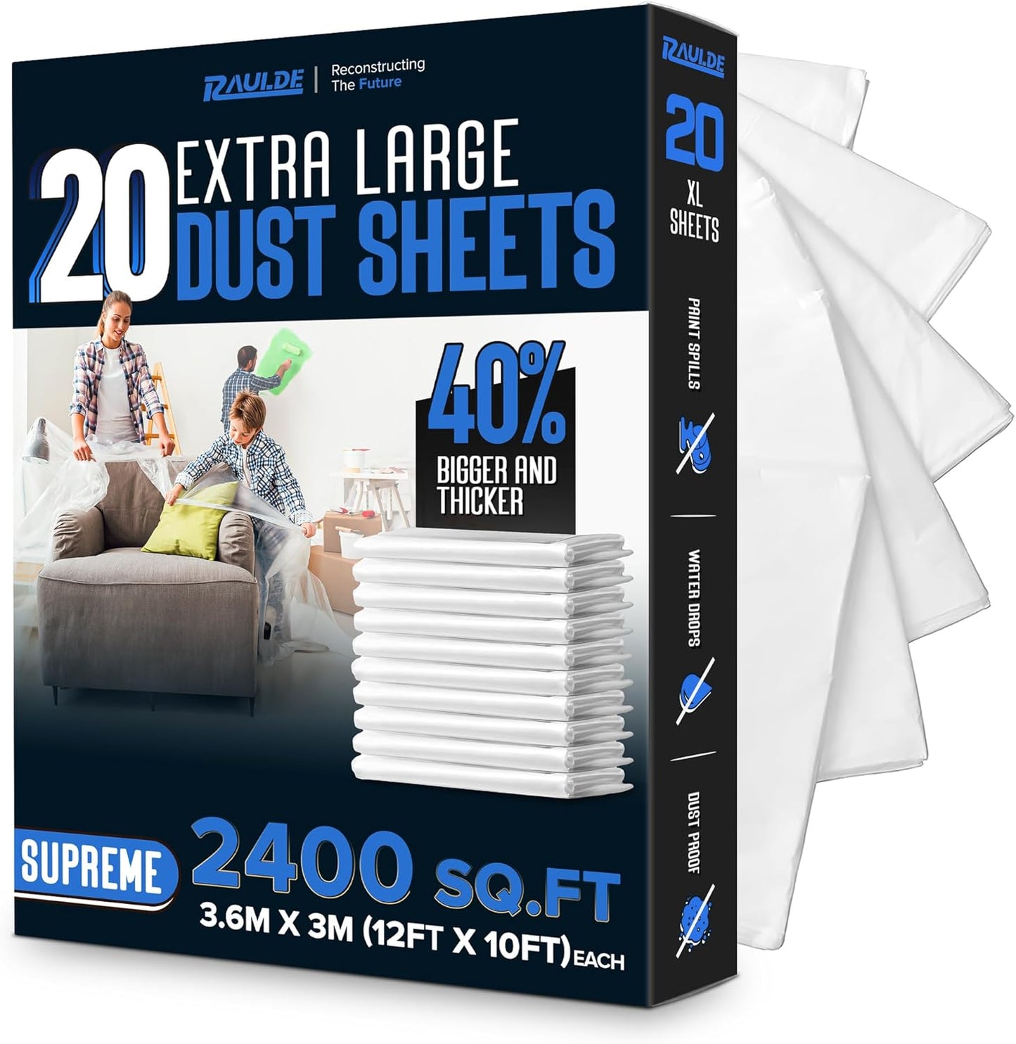 RAULDE Large Plastic Dust Sheets for Decorating & Painting- 3.6m x 3m (12ft x 10ft) - Polythene Sheeting for Furniture & Floor Protection - Waterproof & Tear Resistant Drop Cloth ( Pack of 3,6,10 &20)