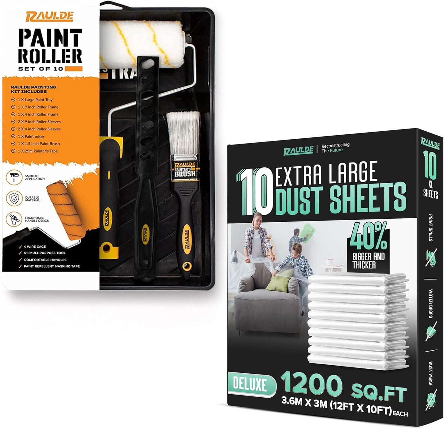 7 Pcs Paint Roller Set with 6X Large Plastic Dust Sheets – Complete Painting Kit with Rollers, Brushes, Trays, Masking Tape & Plastic Sheets for Walls, Ceilings & Furniture Protection