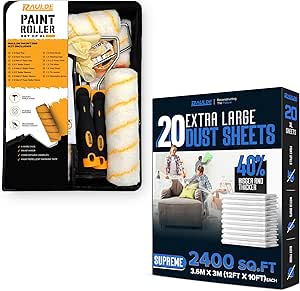 7 Pcs Paint Roller Set with 6X Large Plastic Dust Sheets – Complete Painting Kit with Rollers, Brushes, Trays, Masking Tape & Plastic Sheets for Walls, Ceilings & Furniture Protection