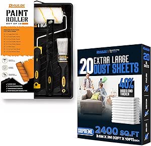 7 Pcs Paint Roller Set with 6X Large Plastic Dust Sheets – Complete Painting Kit with Rollers, Brushes, Trays, Masking Tape & Plastic Sheets for Walls, Ceilings & Furniture Protection