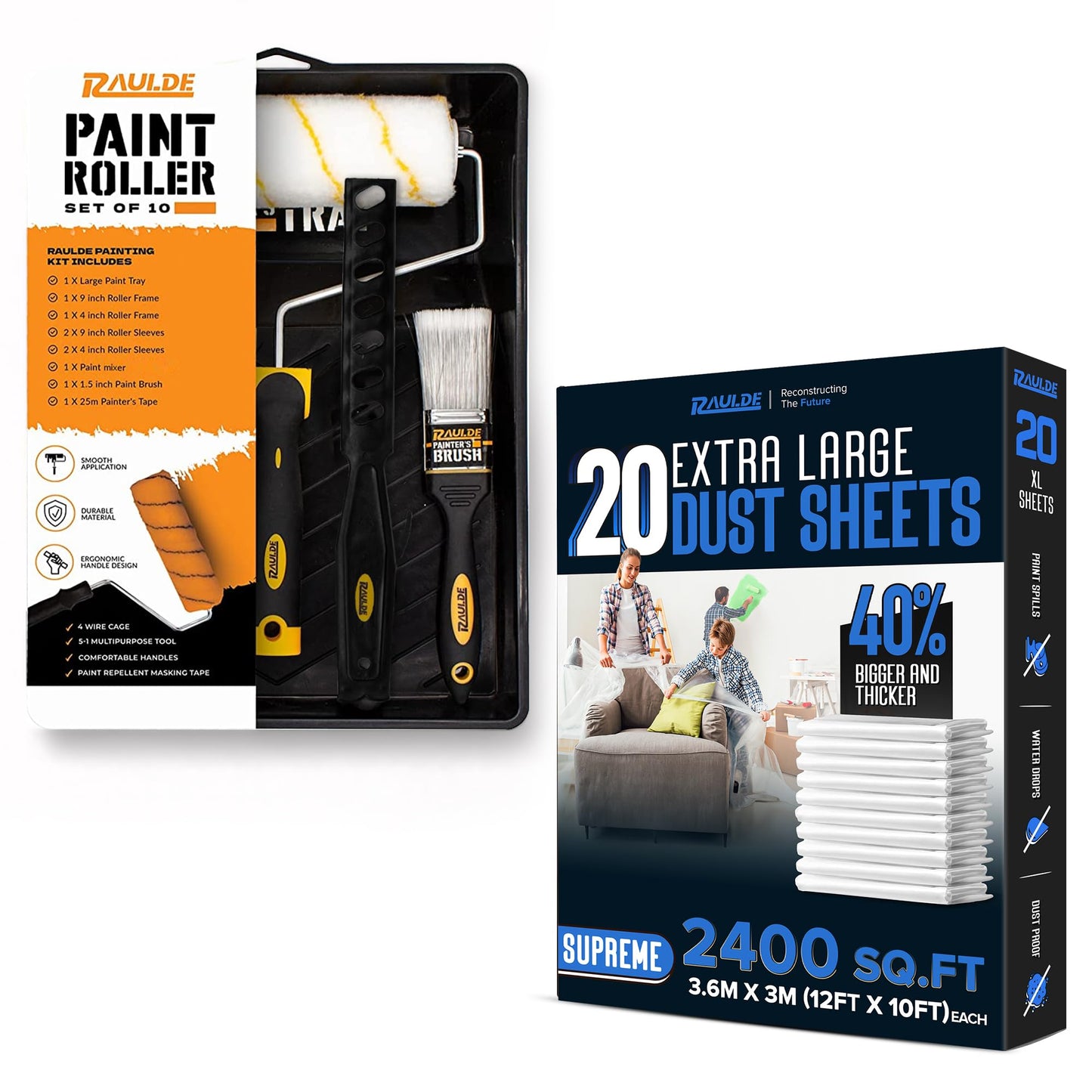 7 Pcs Paint Roller Set with 6X Large Plastic Dust Sheets – Complete Painting Kit with Rollers, Brushes, Trays, Masking Tape & Plastic Sheets for Walls, Ceilings & Furniture Protection