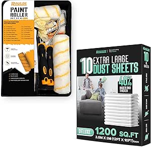 7 Pcs Paint Roller Set with 6X Large Plastic Dust Sheets – Complete Painting Kit with Rollers, Brushes, Trays, Masking Tape & Plastic Sheets for Walls, Ceilings & Furniture Protection