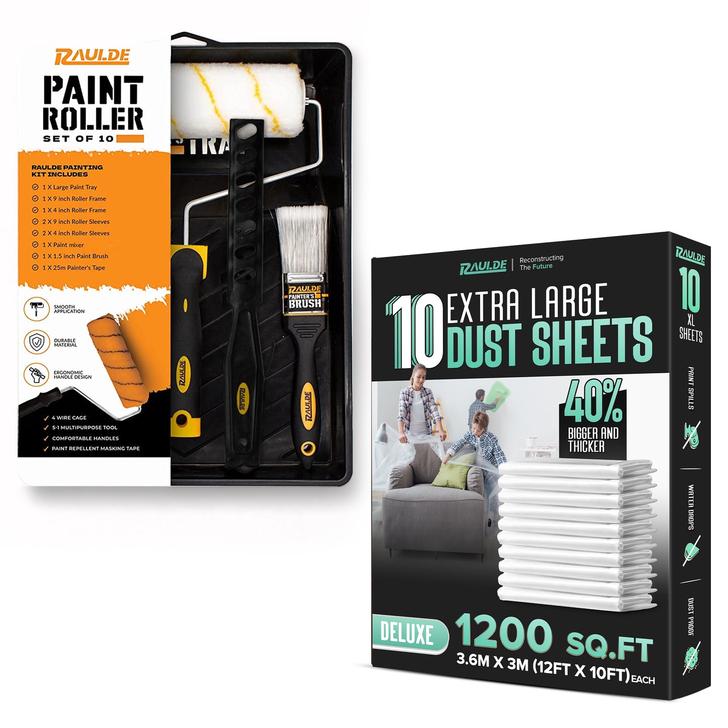 7 Pcs Paint Roller Set with 6X Large Plastic Dust Sheets – Complete Painting Kit with Rollers, Brushes, Trays, Masking Tape & Plastic Sheets for Walls, Ceilings & Furniture Protection