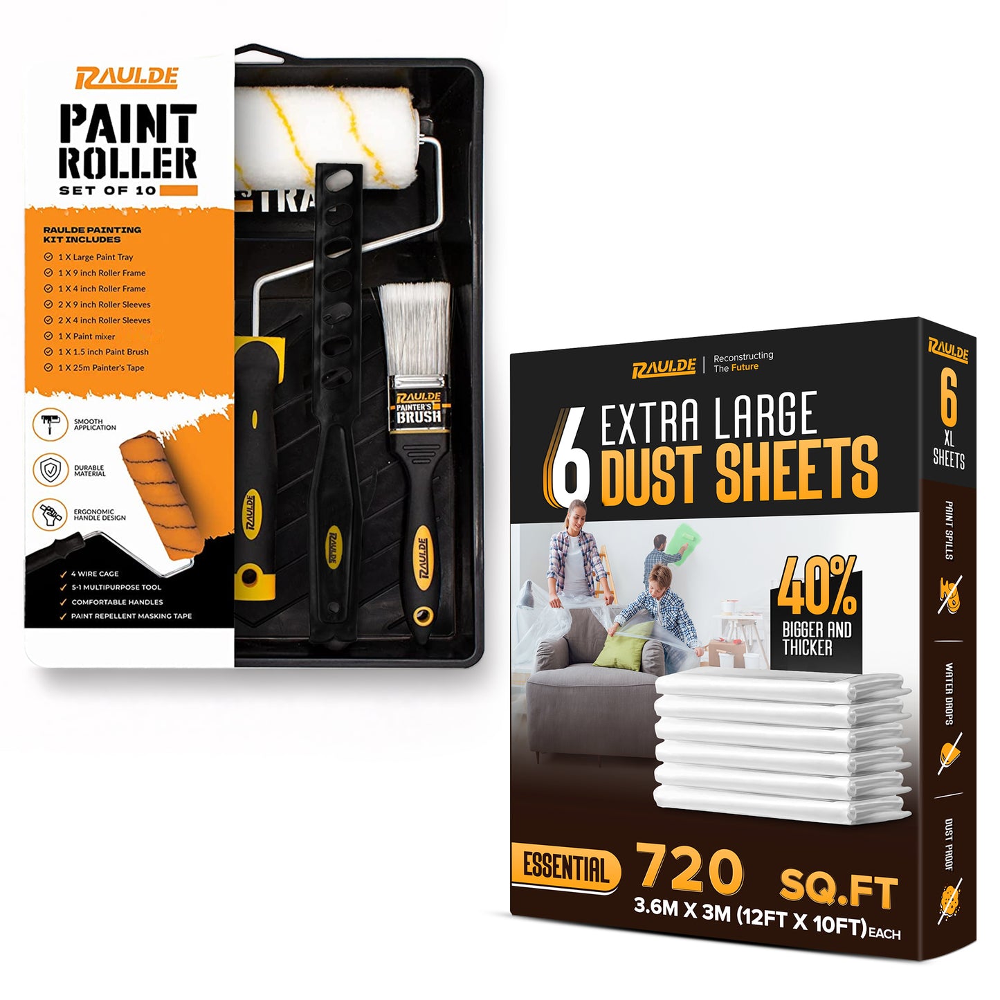 7 Pcs Paint Roller Set with 6X Large Plastic Dust Sheets – Complete Painting Kit with Rollers, Brushes, Trays, Masking Tape & Plastic Sheets for Walls, Ceilings & Furniture Protection