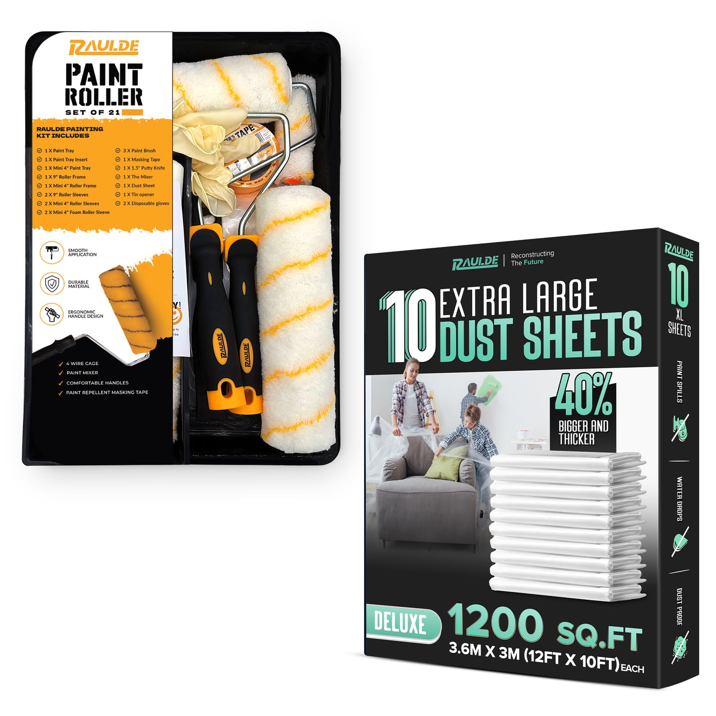 7 Pcs Paint Roller Set with 6X Large Plastic Dust Sheets – Complete Painting Kit with Rollers, Brushes, Trays, Masking Tape & Plastic Sheets for Walls, Ceilings & Furniture Protection