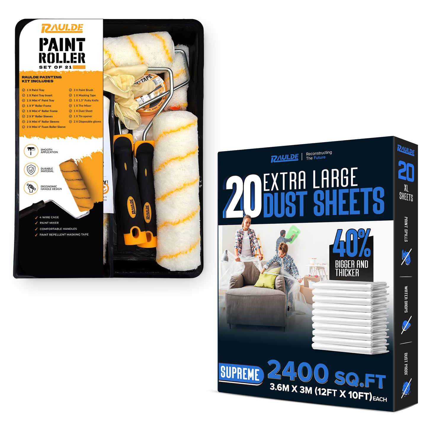 7 Pcs Paint Roller Set with 6X Large Plastic Dust Sheets – Complete Painting Kit with Rollers, Brushes, Trays, Masking Tape & Plastic Sheets for Walls, Ceilings & Furniture Protection