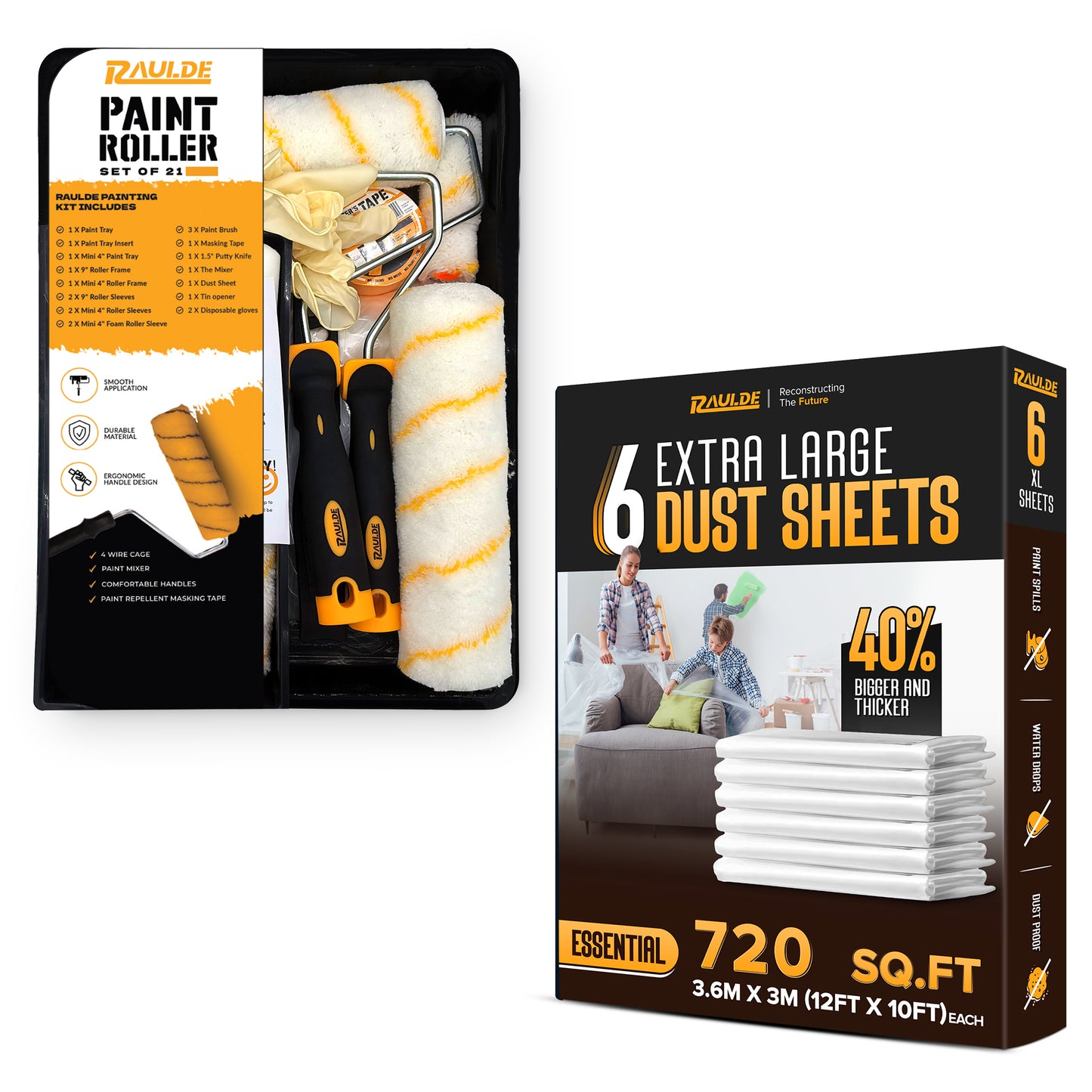 7 Pcs Paint Roller Set with 6X Large Plastic Dust Sheets – Complete Painting Kit with Rollers, Brushes, Trays, Masking Tape & Plastic Sheets for Walls, Ceilings & Furniture Protection