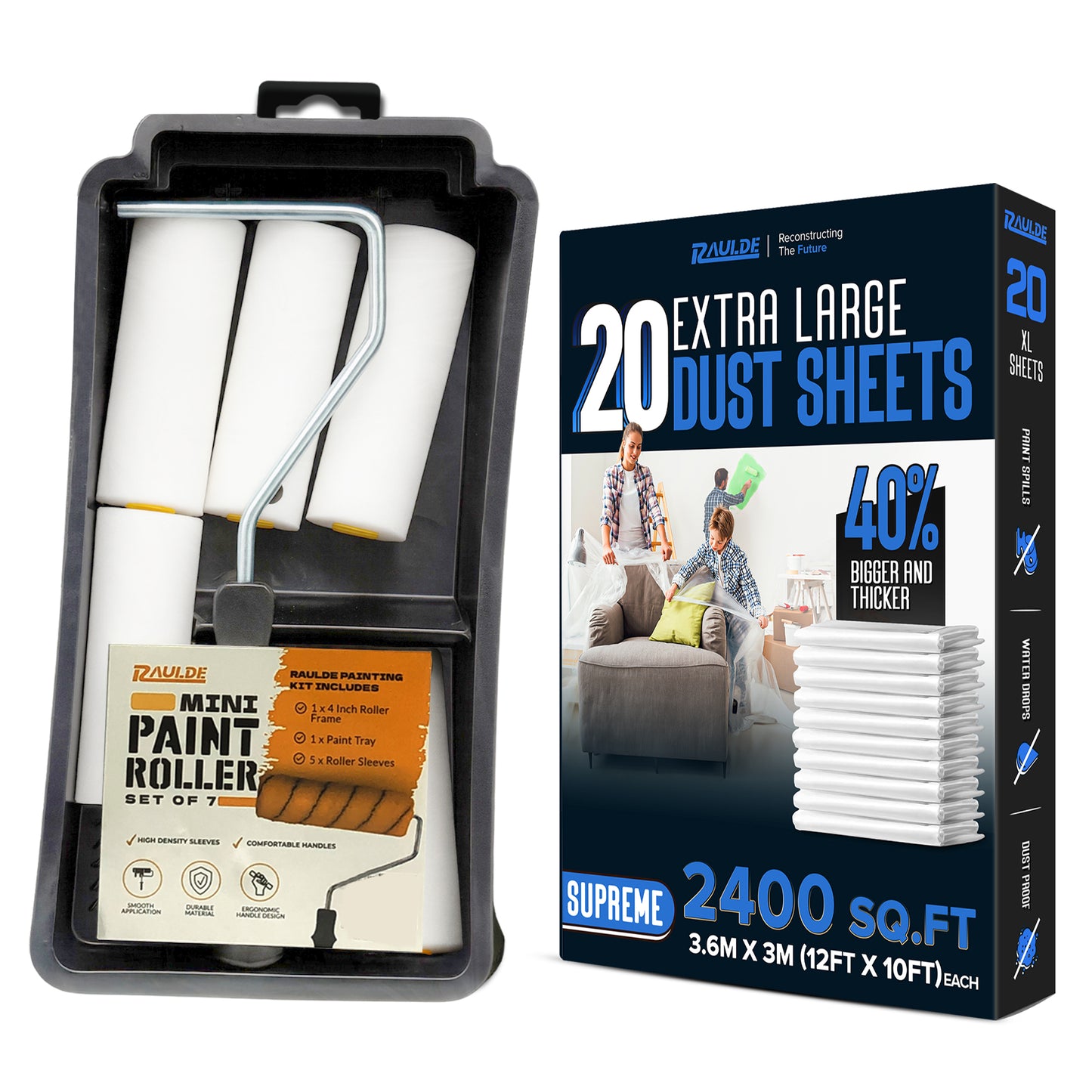7 Pcs Paint Roller Set with 6X Large Plastic Dust Sheets – Complete Painting Kit with Rollers, Brushes, Trays, Masking Tape & Plastic Sheets for Walls, Ceilings & Furniture Protection