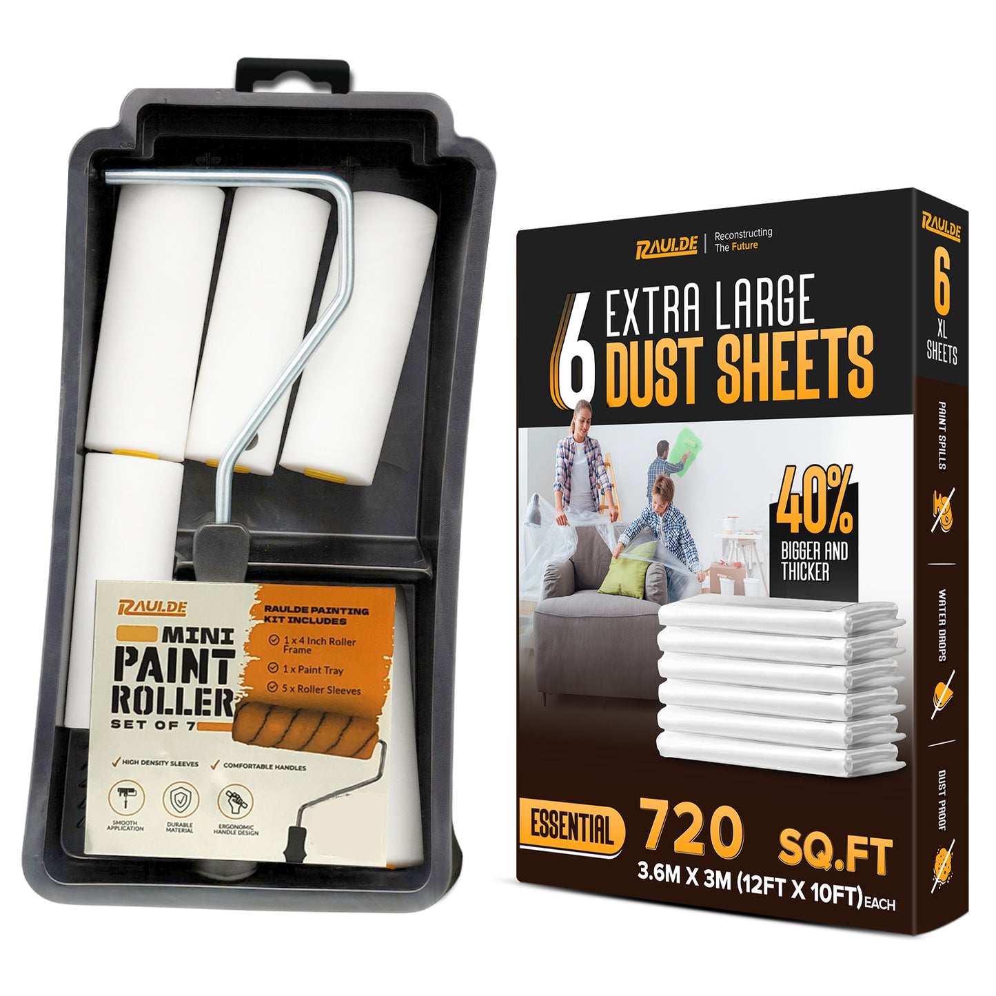7 Pcs Paint Roller Set with 6X Large Plastic Dust Sheets – Complete Painting Kit with Rollers, Brushes, Trays, Masking Tape & Plastic Sheets for Walls, Ceilings & Furniture Protection
