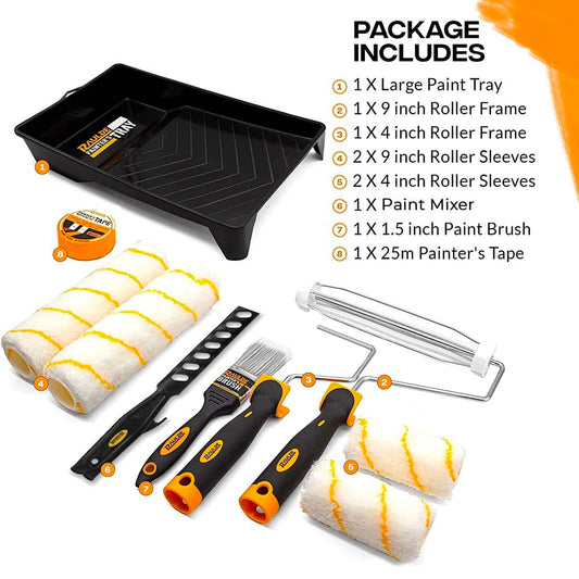 RAULDE Paint Roller Set - Includes a Paint Tray, Brush, Large and Mini Rollers & Sleeves, Paint Repellent Masking Tape, Paint Mixer - Roller Set for Painting Walls, Edges & Ceilings(7Pcs, 10Pcs & 21Pcs)
