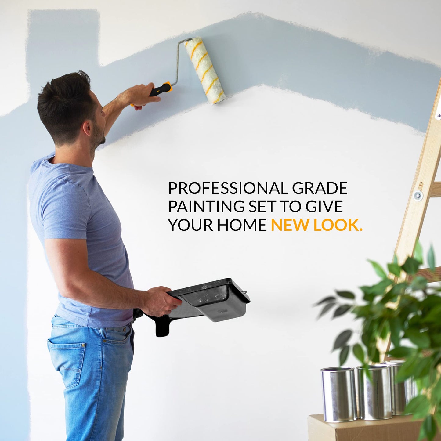 RAULDE Paint Roller Set - Includes a Paint Tray, Brush, Large and Mini Rollers & Sleeves, Paint Repellent Masking Tape, Paint Mixer - Roller Set for Painting Walls, Edges & Ceilings(7Pcs, 10Pcs & 21Pcs)