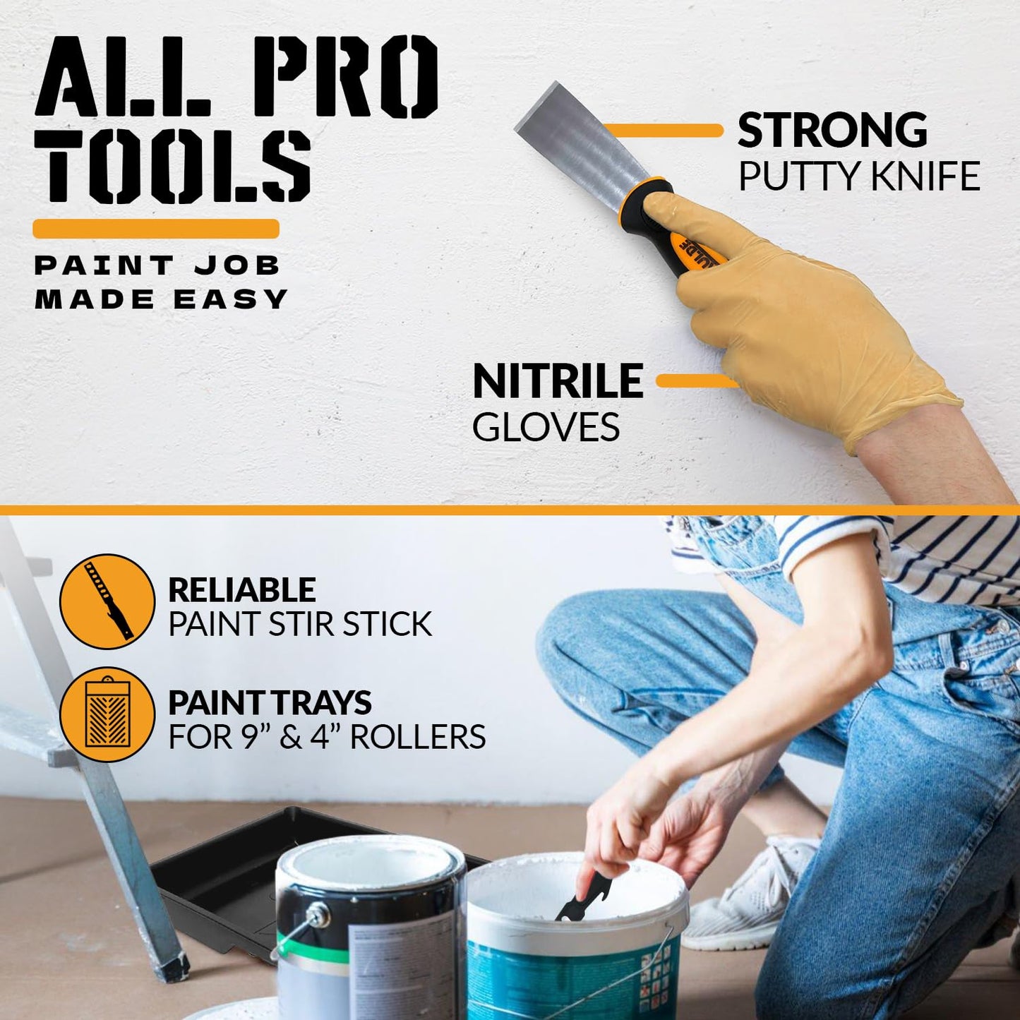 RAULDE Paint Roller Set - Includes a Paint Tray, Brush, Large and Mini Rollers & Sleeves, Paint Repellent Masking Tape, Paint Mixer - Roller Set for Painting Walls, Edges & Ceilings(7Pcs, 10Pcs & 21Pcs)