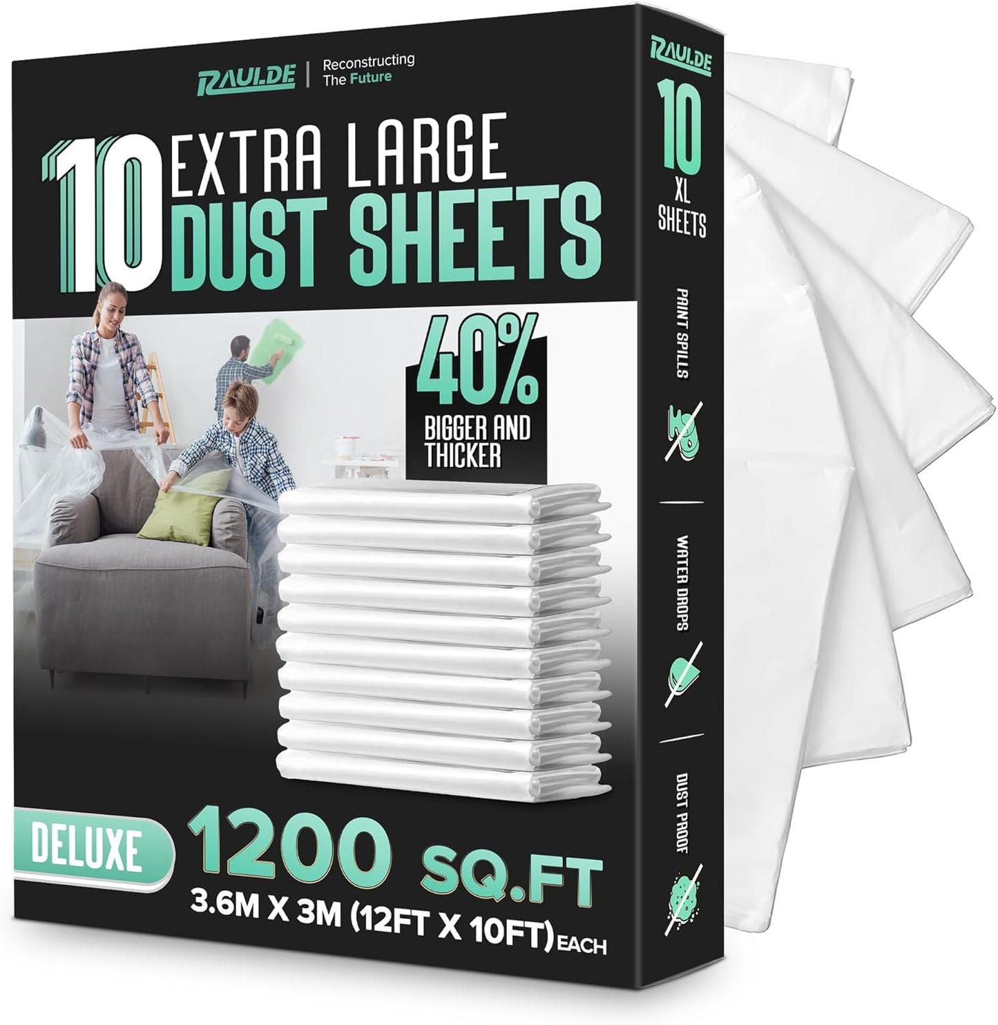 RAULDE Large Plastic Dust Sheets for Decorating & Painting- 3.6m x 3m (12ft x 10ft) - Polythene Sheeting for Furniture & Floor Protection - Waterproof & Tear Resistant Drop Cloth ( Pack of 3,6,10 &20)