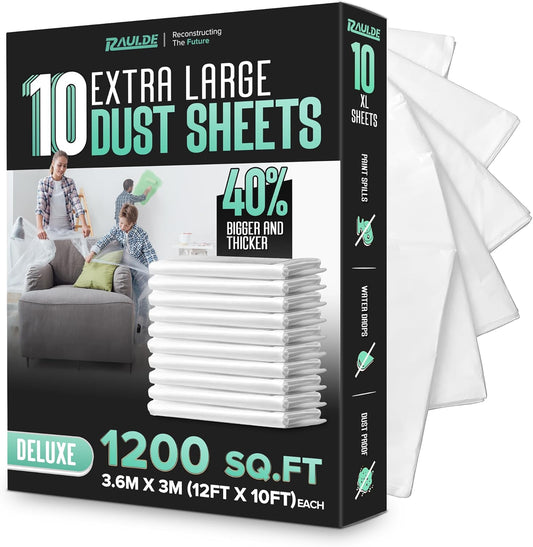RAULDE 10x Extra Large Plastic Dust Sheets for Decorating & Painting- 3.6M x 3M (12ft x 10ft)