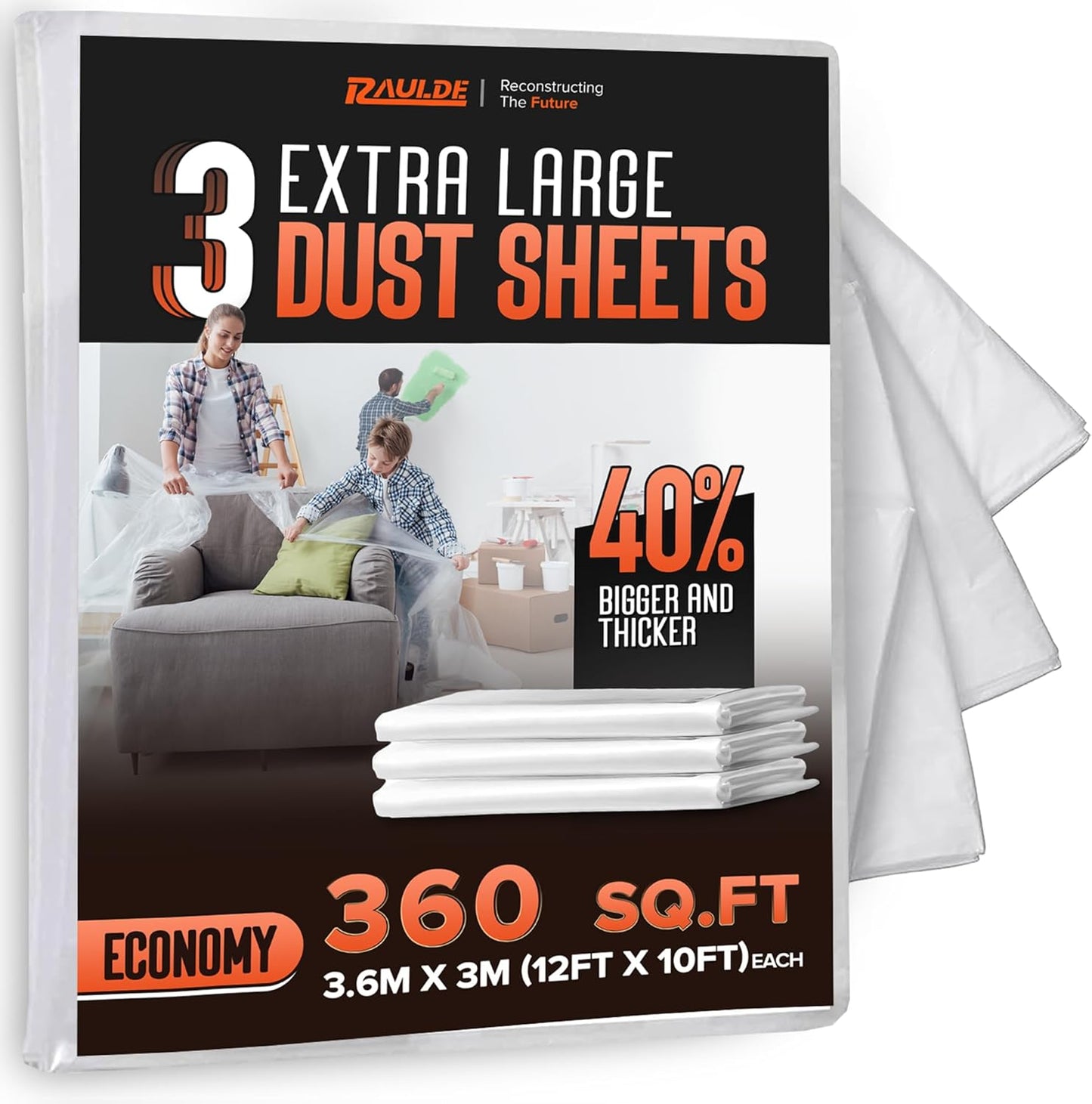RAULDE Large Plastic Dust Sheets for Decorating & Painting- 3.6m x 3m (12ft x 10ft) - Polythene Sheeting for Furniture & Floor Protection - Waterproof & Tear Resistant Drop Cloth ( Pack of 3,6,10 &20)