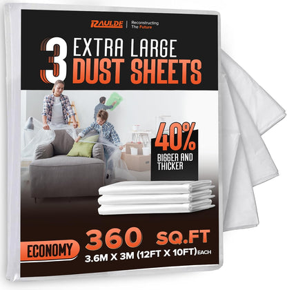RAULDE Large Plastic Dust Sheets for Decorating & Painting- 3.6m x 3m (12ft x 10ft) - Polythene Sheeting for Furniture & Floor Protection - Waterproof & Tear Resistant Drop Cloth ( Pack of 3,6,10 &20)