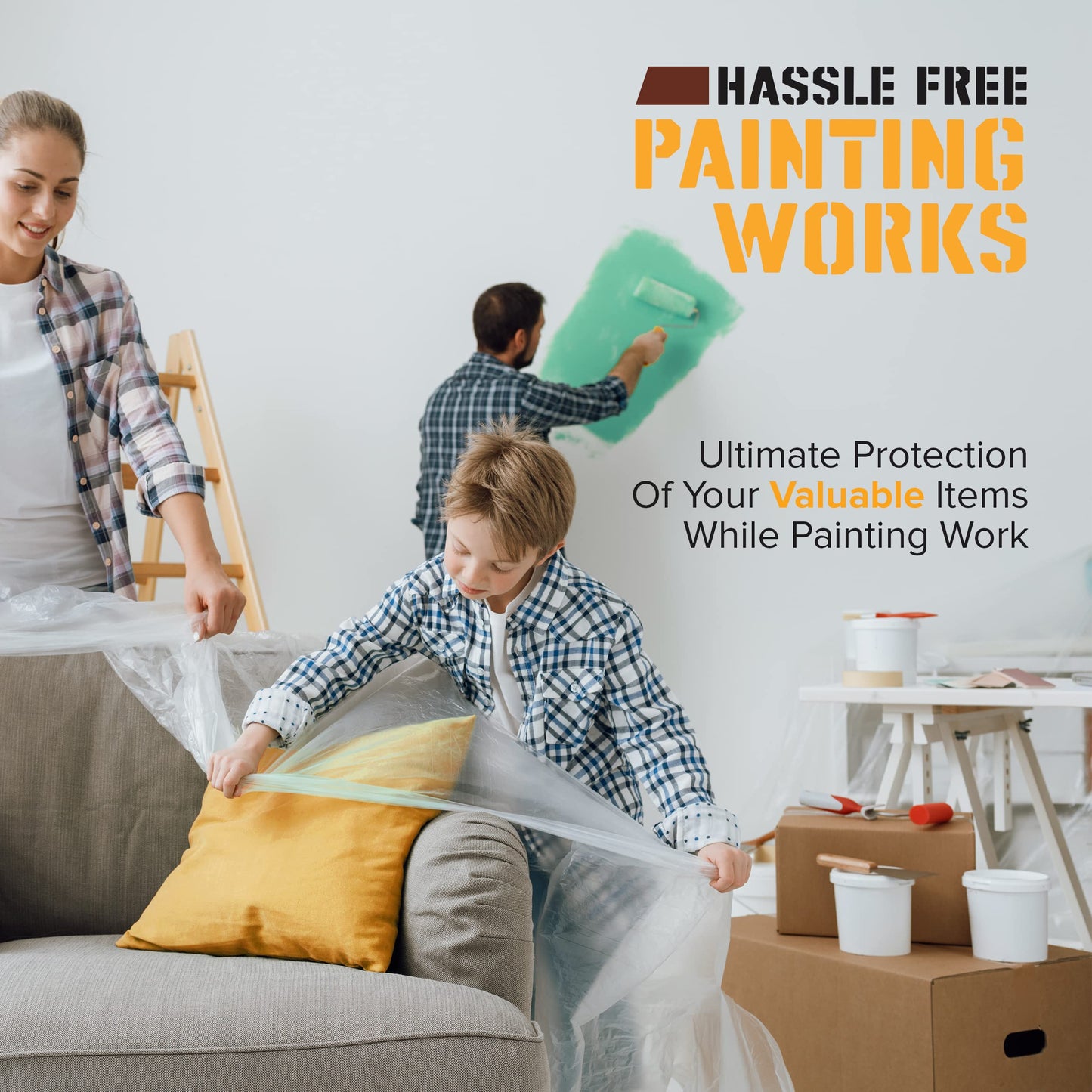 RAULDE Large Plastic Dust Sheets for Decorating & Painting- 3.6m x 3m (12ft x 10ft) - Polythene Sheeting for Furniture & Floor Protection - Waterproof & Tear Resistant Drop Cloth ( Pack of 3,6,10 &20)