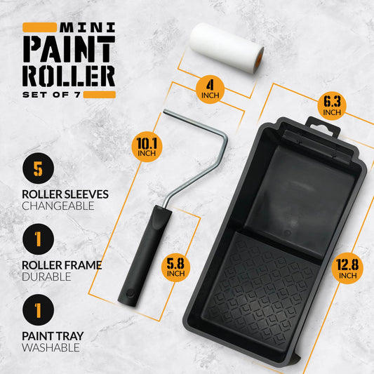7 Pcs Paint Roller Set with 6X Large Plastic Dust Sheets – Complete Painting Kit with Rollers, Brushes, Trays, Masking Tape & Plastic Sheets for Walls, Ceilings & Furniture Protection