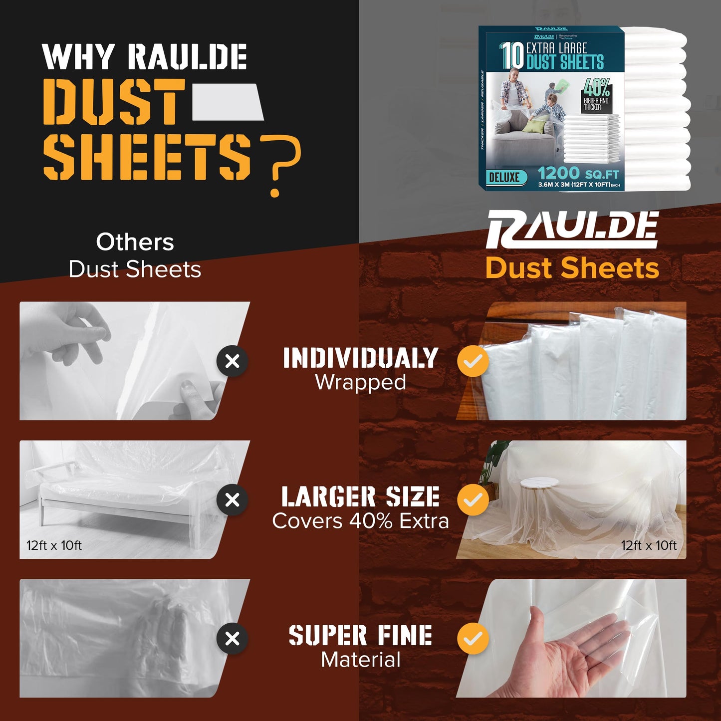 RAULDE Large Plastic Dust Sheets for Decorating & Painting- 3.6m x 3m (12ft x 10ft) - Polythene Sheeting for Furniture & Floor Protection - Waterproof & Tear Resistant Drop Cloth ( Pack of 3,6,10 &20)