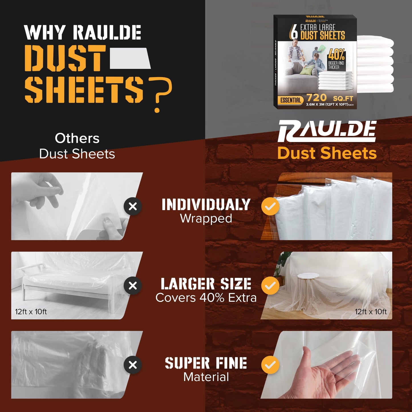 RAULDE Large Plastic Dust Sheets for Decorating & Painting- 3.6m x 3m (12ft x 10ft) - Polythene Sheeting for Furniture & Floor Protection - Waterproof & Tear Resistant Drop Cloth ( Pack of 3,6,10 &20)