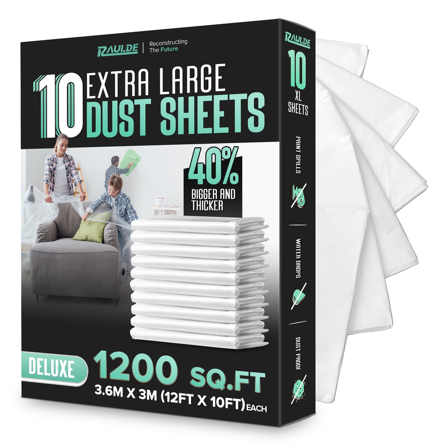 12x10FT 10 Pack Extra Large Plastic Dust Sheets for Decorating - 3.6M x 3M- Plastic Dust Sheets for Painting - Clear Plastic Sheet for Furniture & Floor - Polythene Sheeting - Decorating Sheet -RAULDE