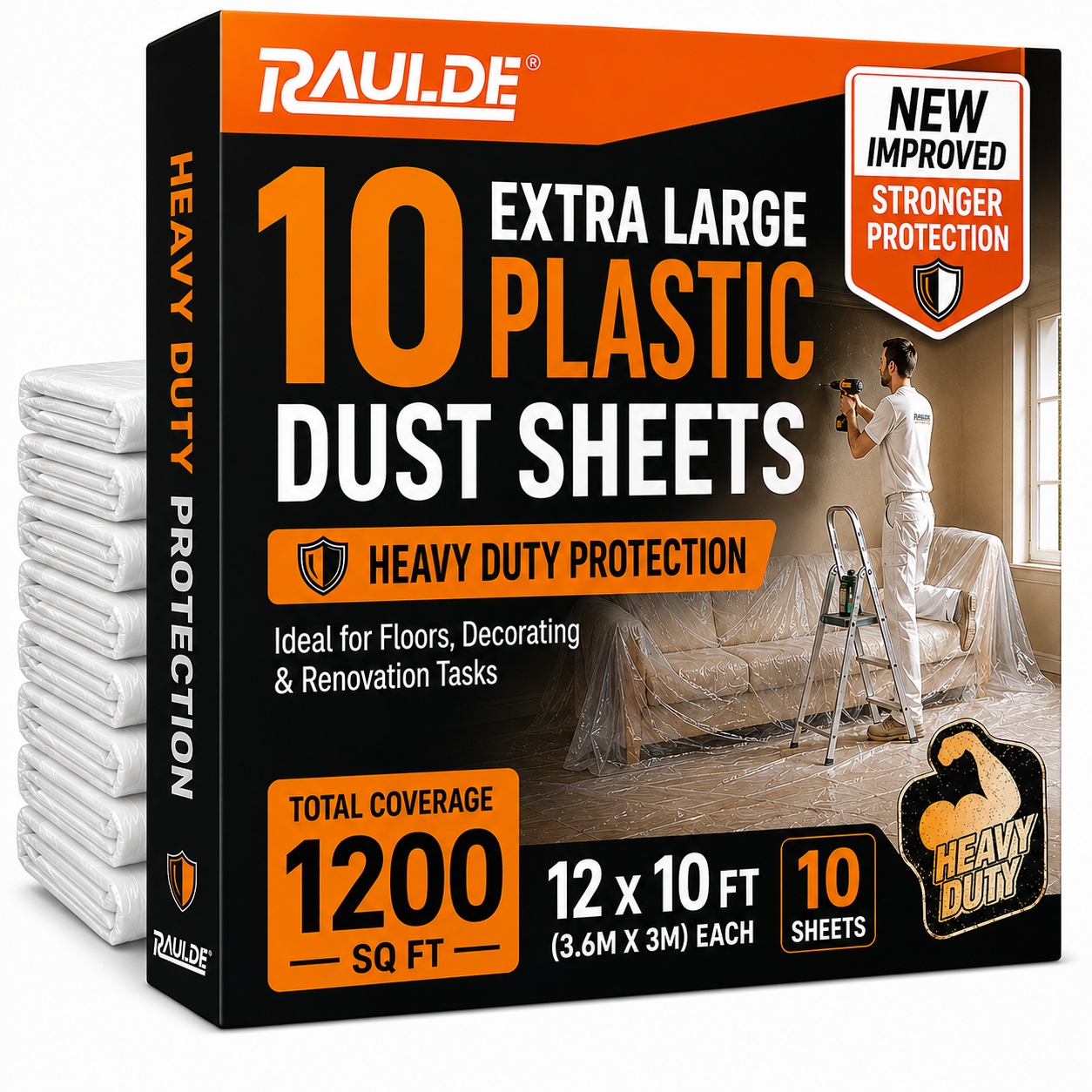 RAULDE Plastic Dust Sheets for Decorating Heavy Duty 12x10FT – Clear Plastic Sheeting – 20 microns Waterproof Floor Protection Sheet for Painting, Furniture Cover & DIY – Polythene Sheets