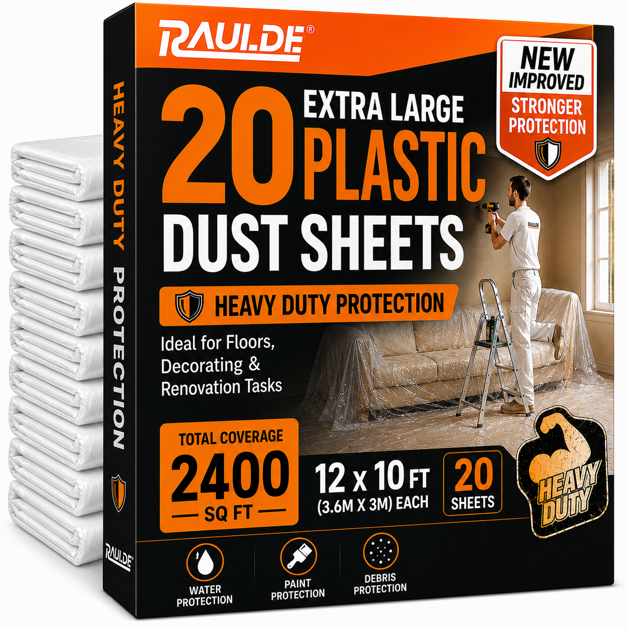 RAULDE Plastic Dust Sheets for Decorating Heavy Duty 12x10FT – Clear Plastic Sheeting – 20 microns Waterproof Floor Protection Sheet for Painting, Furniture Cover & DIY – Polythene Sheets