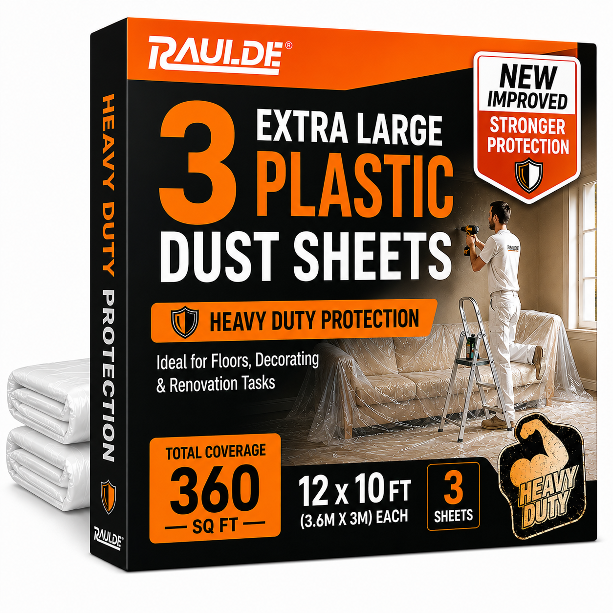 RAULDE Plastic Dust Sheets for Decorating Heavy Duty 12x10FT – Clear Plastic Sheeting – 20 microns Waterproof Floor Protection Sheet for Painting, Furniture Cover & DIY – Polythene Sheets