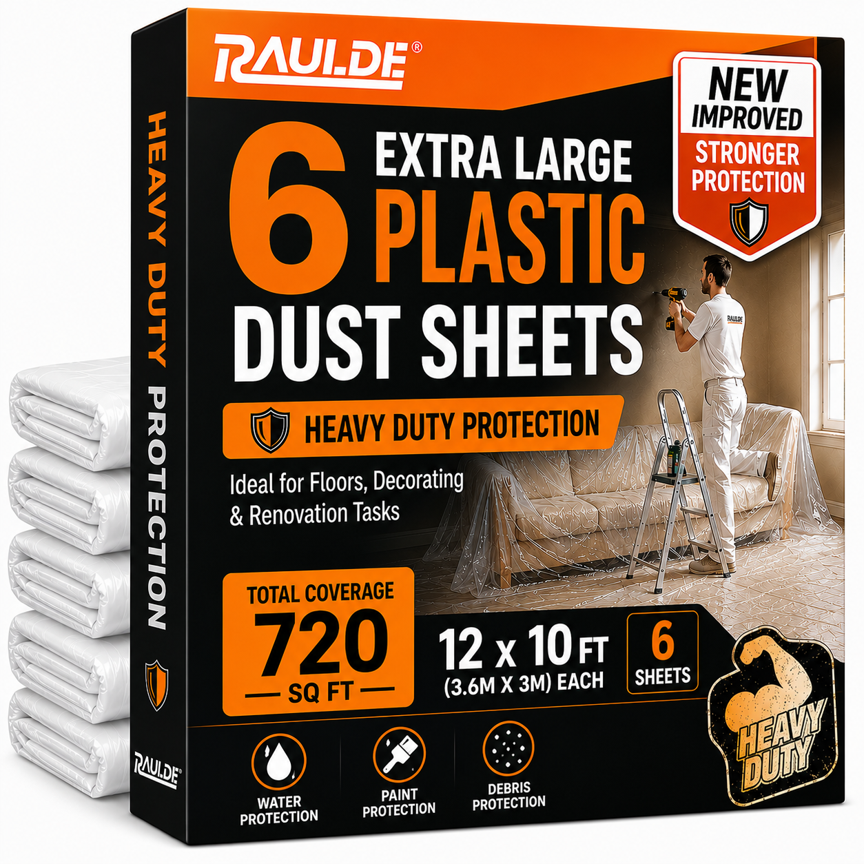 RAULDE Plastic Dust Sheets for Decorating Heavy Duty 12x10FT – Clear Plastic Sheeting – 20 microns Waterproof Floor Protection Sheet for Painting, Furniture Cover & DIY – Polythene Sheets