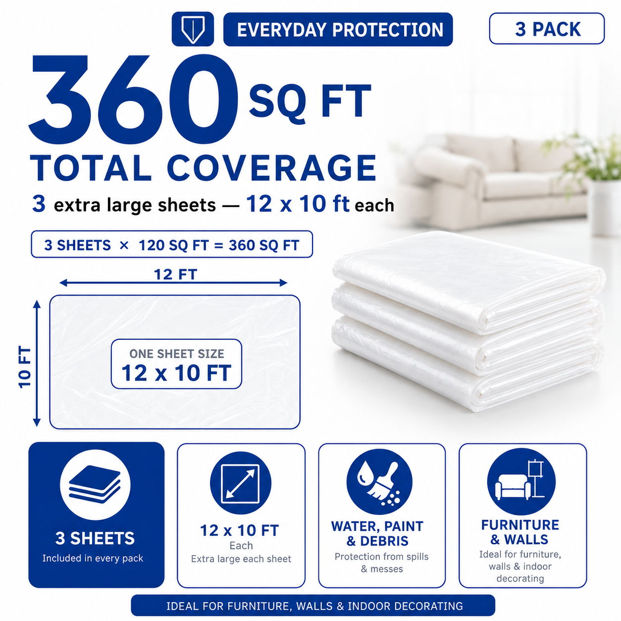 3x Extra Large Plastic Dust Sheets