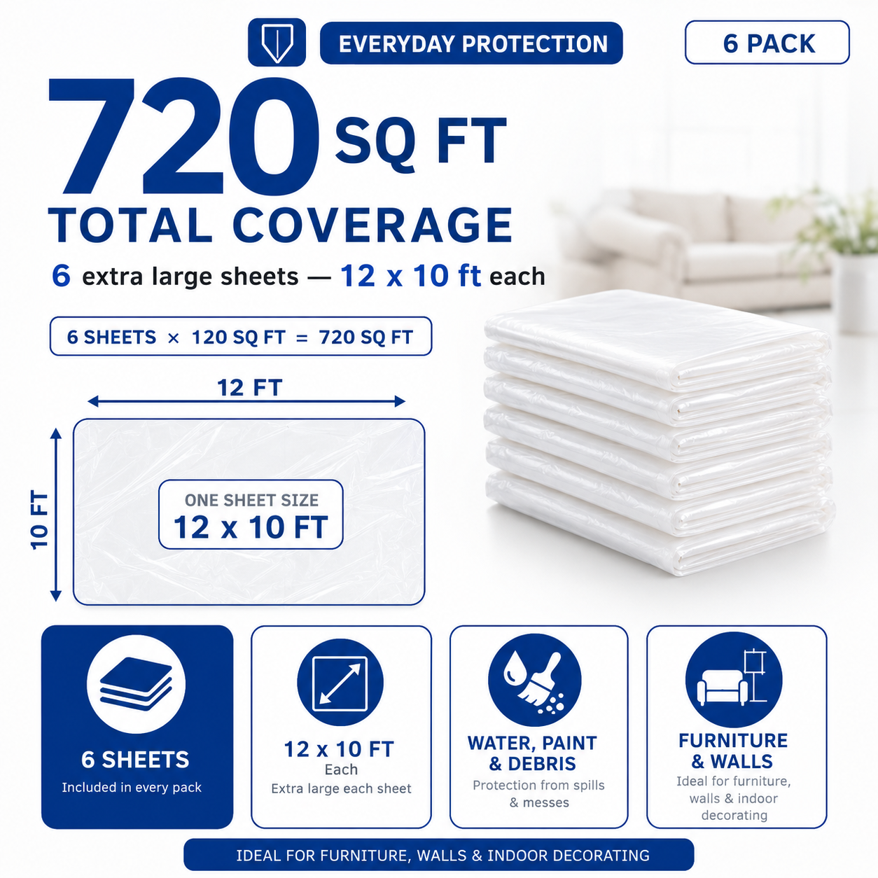 6x Extra Large Plastic Dust Sheets